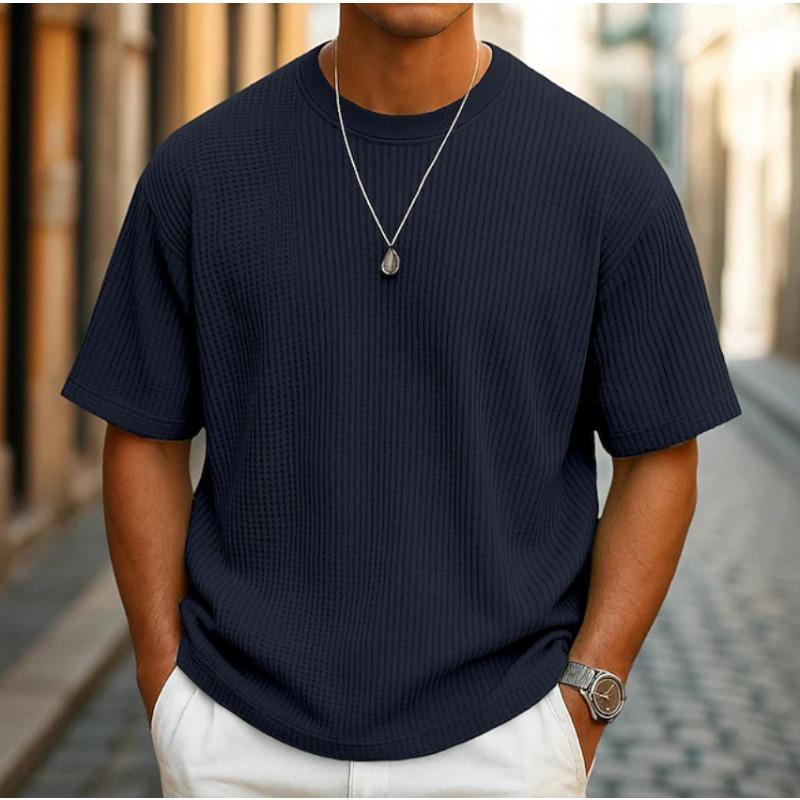 Summer New Men's Casual Solid Color Waffle Crew Neck Loose Short-sleeved T-shirt