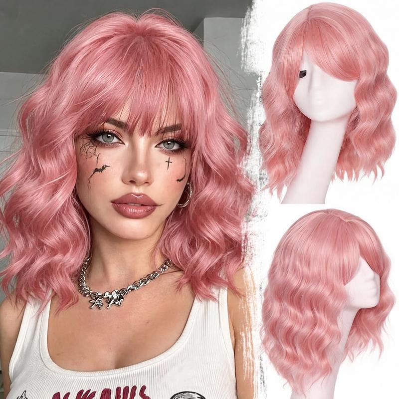 Short Wave Bob Wigs for Women with Bangs Medium Lenth Synthetic Natural Hair Wig for Daily Party Use