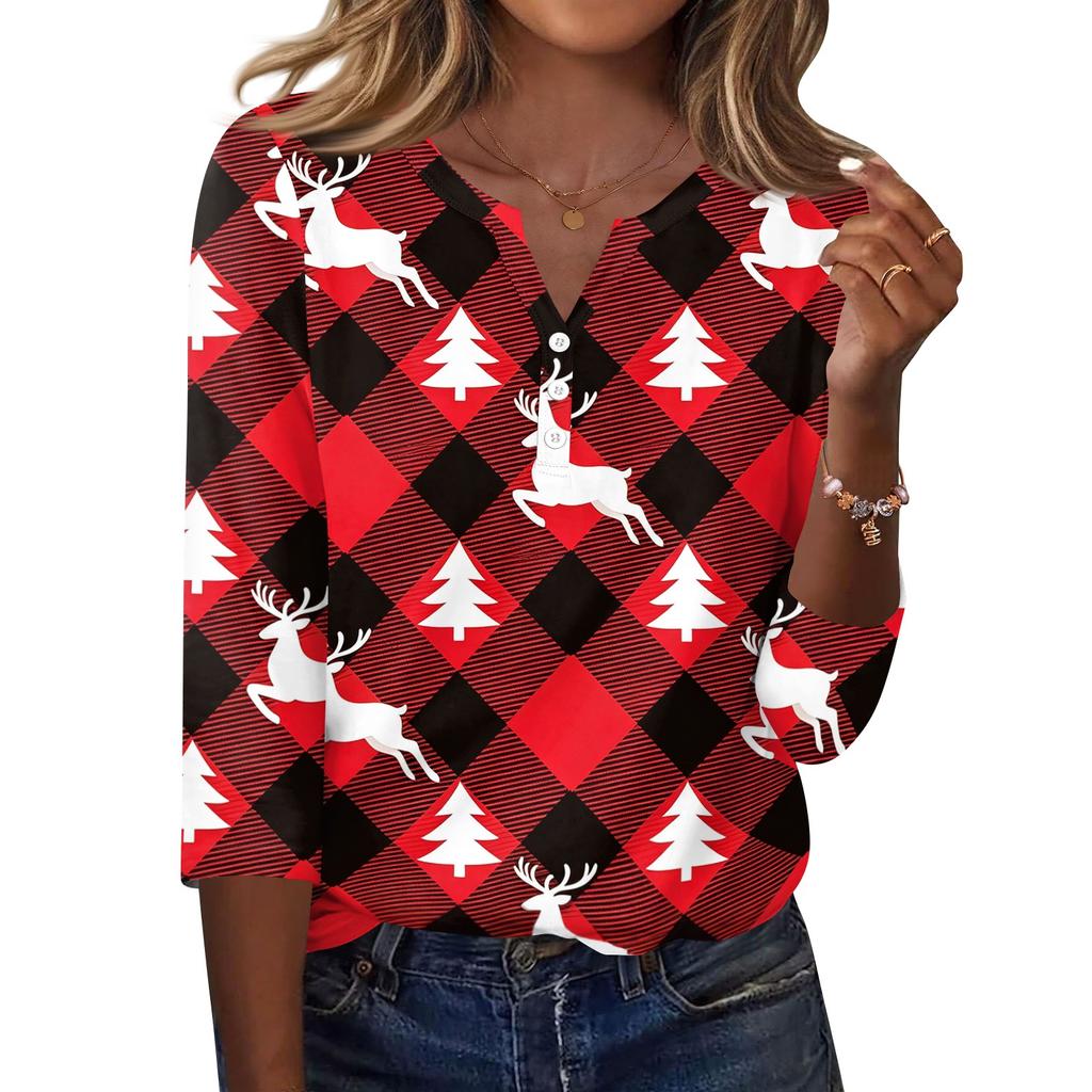Women's Christmas Print V-Neck Three-Quarter Sleeve T-Shirt with Button Casual Holiday Top