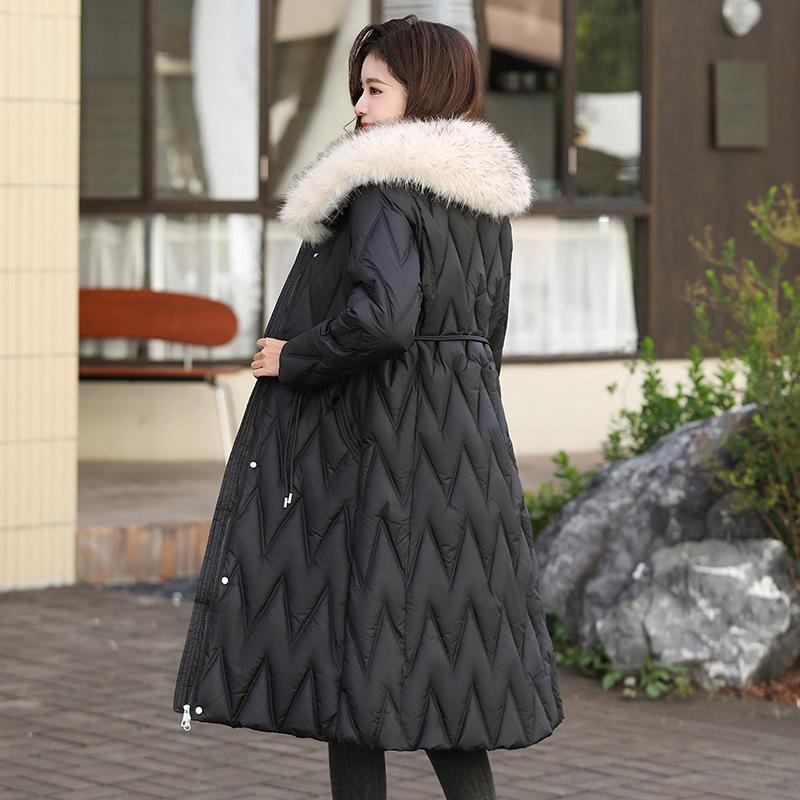 Nowy Zimowy Styl Długi Talia z Kapturem Duży Kołnierz z Futra Wszechstronna Kurtka Watowana Bawełną