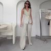 2 Pcs/Set Women Vest Pants Suit V Neck Button-down Sleeveless Top Wide Leg Loose Trousers Formal Business Style Commuter Outfit