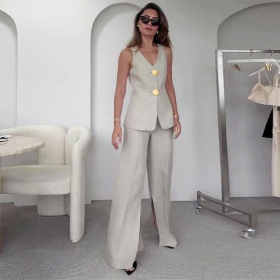 2 Pcs/Set Women Vest Pants Suit V Neck Button-down Sleeveless Top Wide Leg Loose Trousers Formal Business Style Commuter Outfit