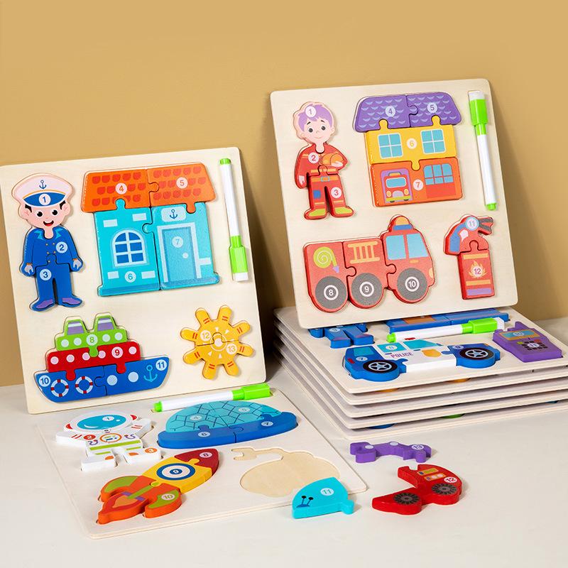 Children's 3D Wooden Jigsaw Puzzle & Drawing Board - Educational Vehicle & Figures Cognitive Toy.