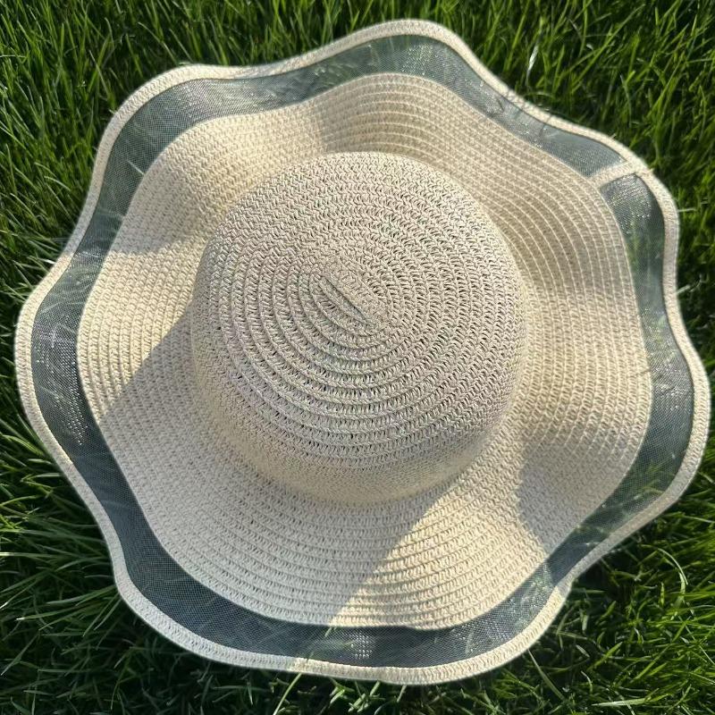 Mesh Wavy Edge Straw Hat Summer Travel Beach Sun Hat Breathable Sunshade Big Eaves Woven DIY Sunscreen Straw Hat