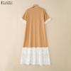 ZANZEA Women Summer Lace Splice Casual Round Neck Short Sleeve Dress