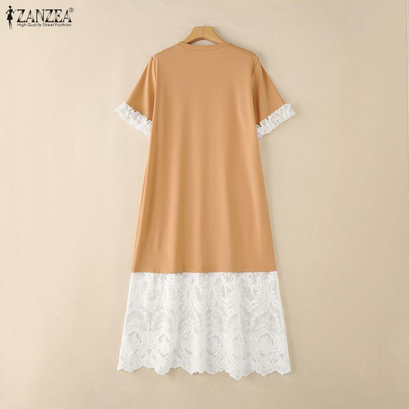 ZANZEA Women Summer Lace Splice Casual Round Neck Short Sleeve Dress