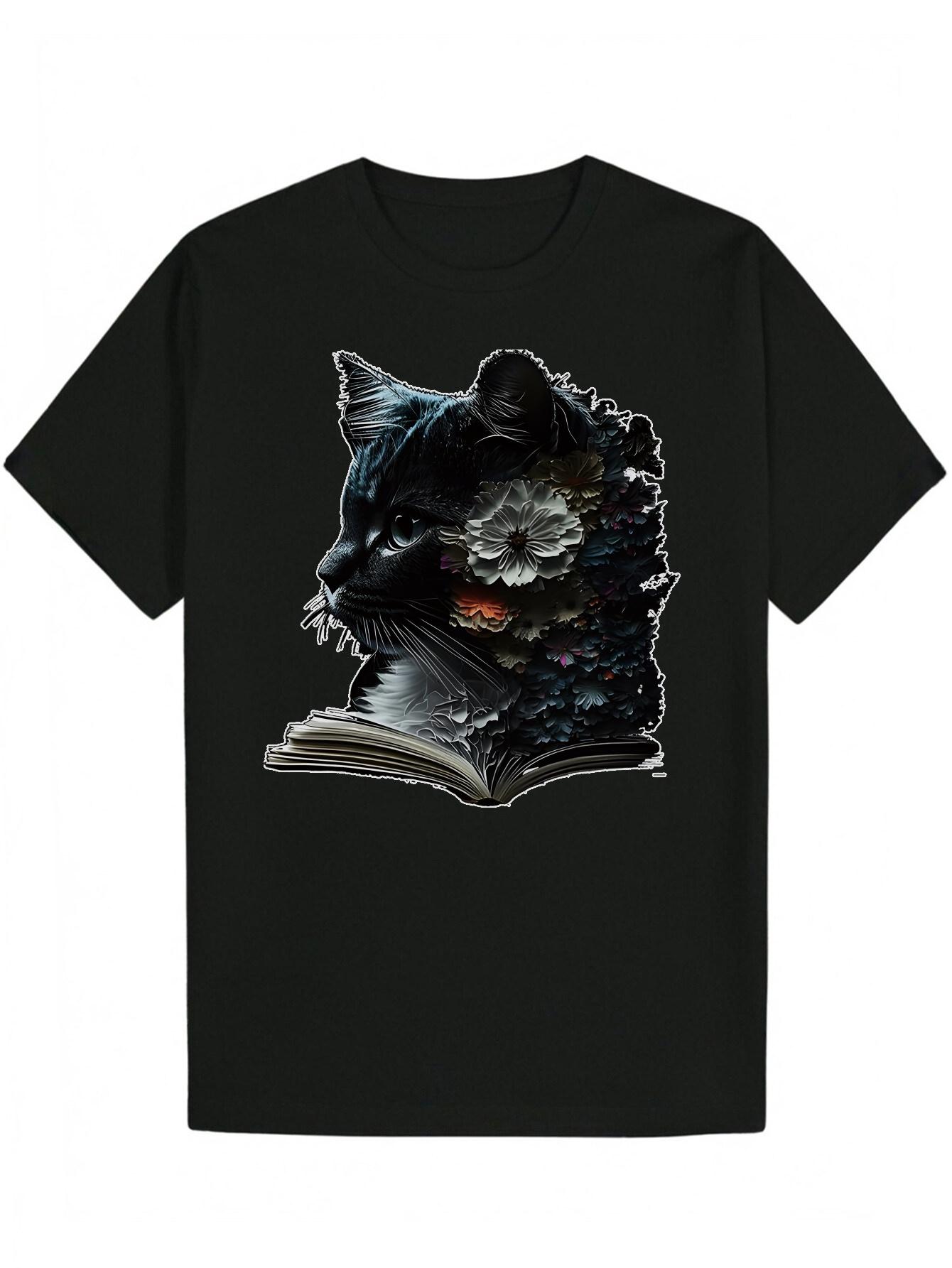 Short Sleeve T-shirt - Black Cat & Floral Book Graphic Print M