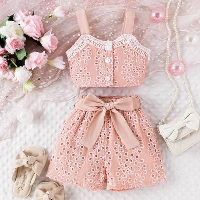 Girls Fashion Suit Summer Kids Casual Lace Halter Top + Cut-out Shorts with Belt Suit