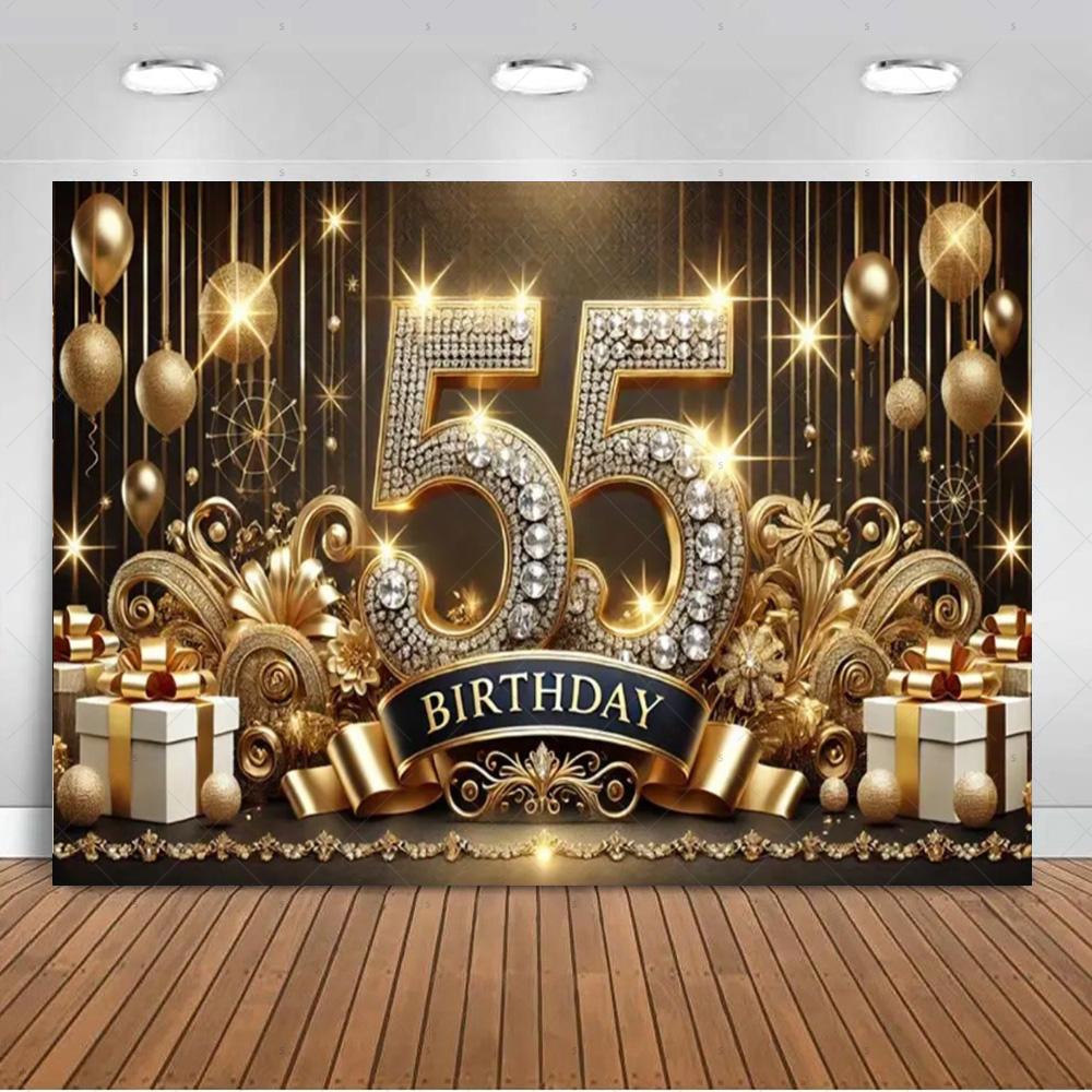 Sfondo per 55° Compleanno Forniture Palloncini Nero Oro 55 Anni Sfondo Decorazione Festa Scintillante Oggetti di Scena per Servizio Fotografico