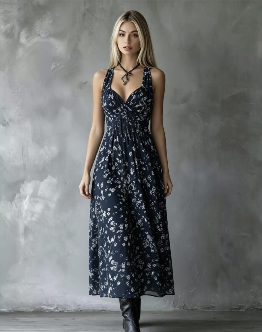 2026 European and American neck floral dress V-neck waist thin holiday style medium dress XS