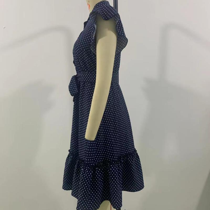 GMXIA Women's Dresses Summer Elegant Wind Dot Ruffle Sleeve A-line Dress Tie Midi Dress