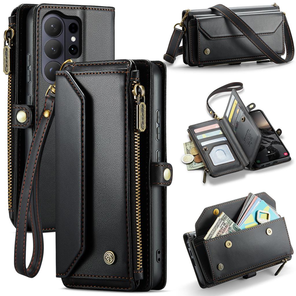 For Samsung Galaxy S26 Ultra Leather Case CASEME C36 Zipper 10 Card Slots Phone Cover with Straps