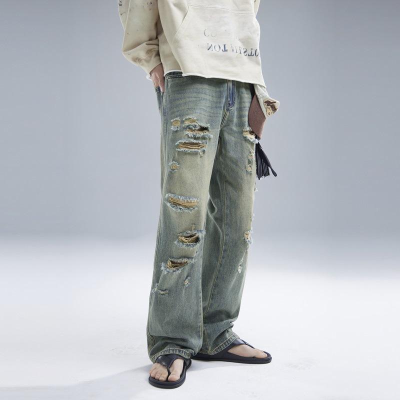 American High Street Ripped Jeans Boys Retro Old Loose Casual Trousers
