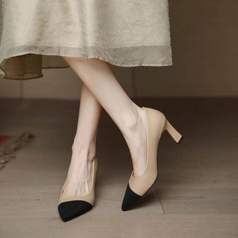 Color Matching High Heels Women's Pointed Head New Retro with Skirt Splicing Small Heel Single Shoes Women