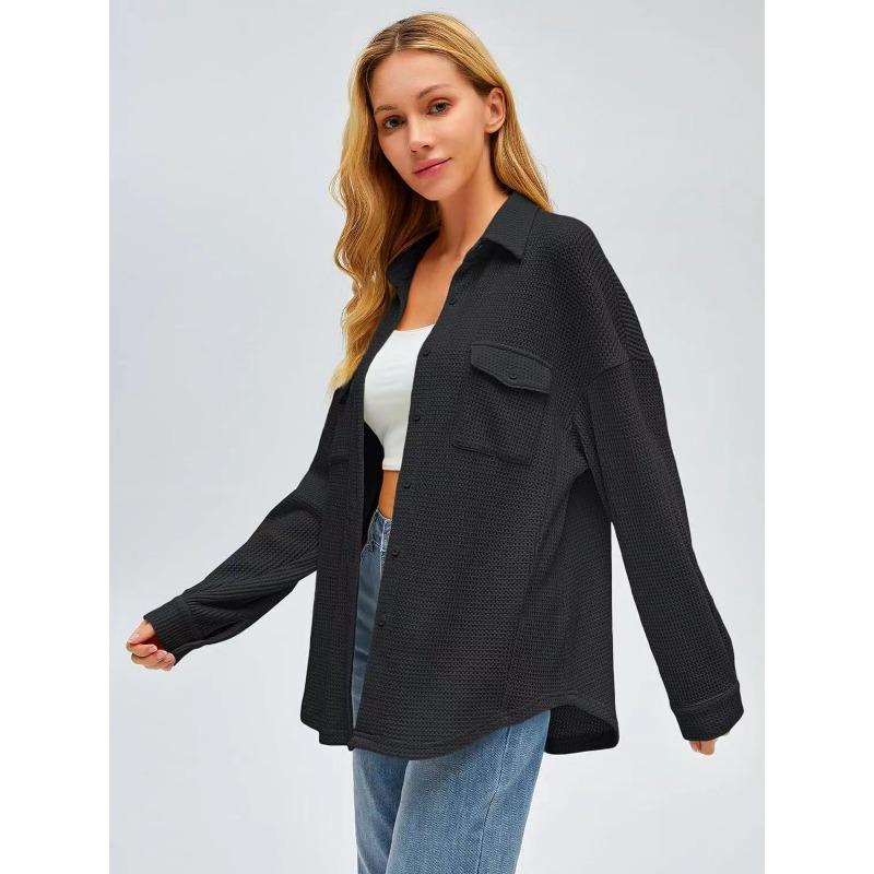 Women's Pocket Shirt Solid Color Casual Oversized Long Sleeve Waffle Weave Top