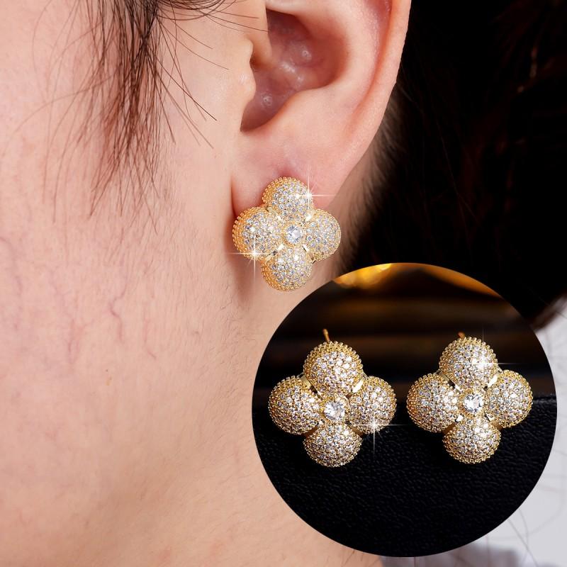 Elegant Four Leaf Clover Zircon Necklace Earring Set Women Gold Tone Fine Jewelry Wedding Bridal Accessory