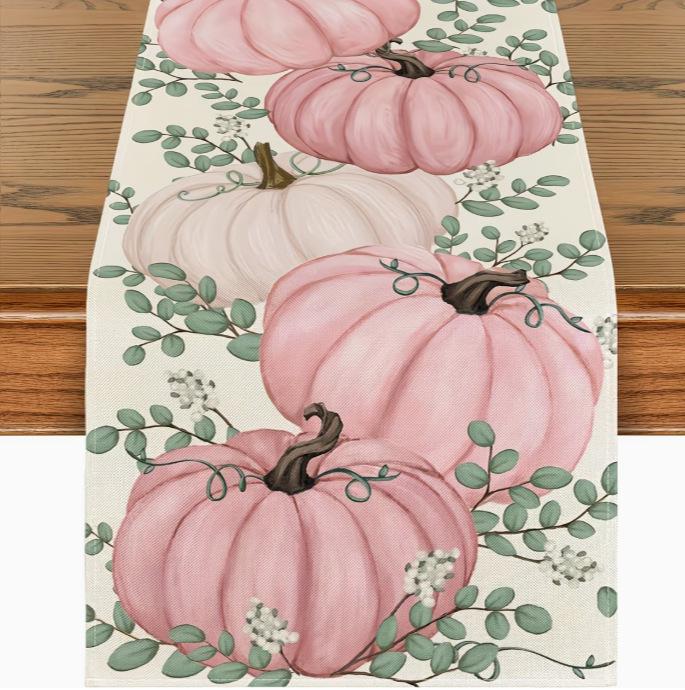 Autumn Leaves Pumpkin Table Runner: Linen Thanksgiving Decoration for Kitchen & Dining