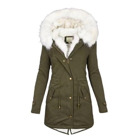 Abrigo de invierno de algodón para mujer, talla grande, capucha de piel sintética, forro polar, cremallera y botón a presión.