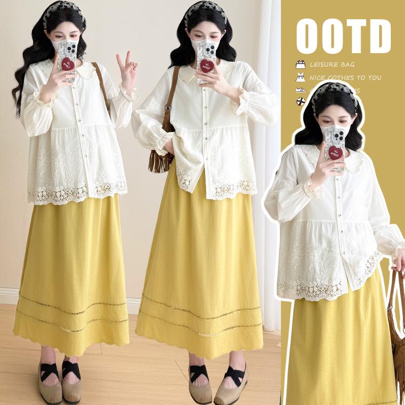 2026 Spring Korean Style Maternity Set: Lace Trim Doll Collar Shirt + Petal Skirt M