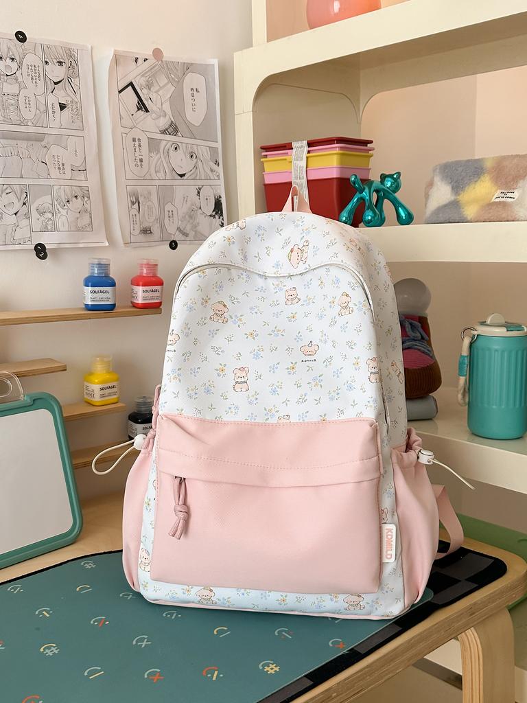 Schoolbag milky white fresh floral cute bear patchwork student backpack for students and healing style gentle bestie travel mini backpack