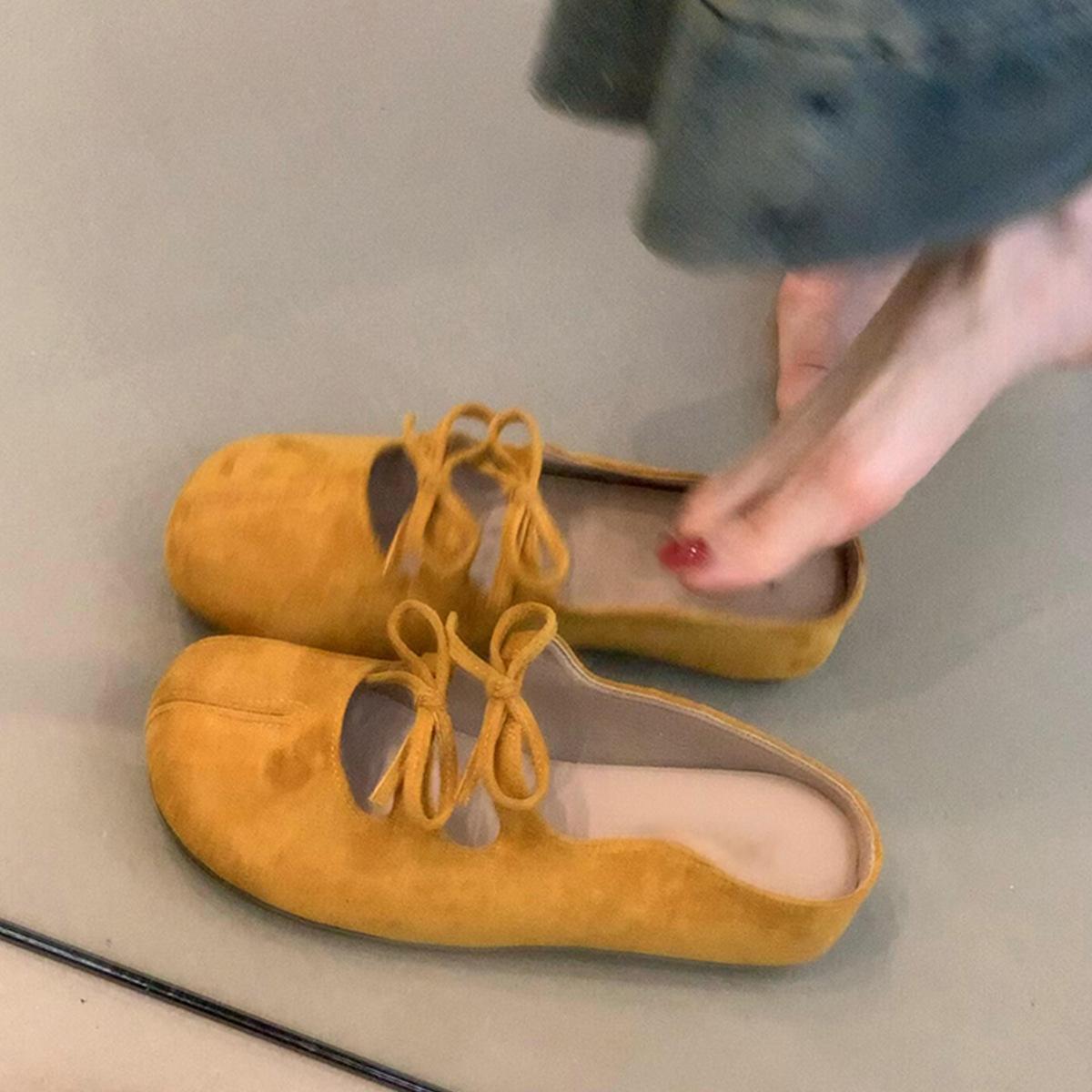 

Ретро бант с раздвоенным носком, с мелким вырезом, полусабо, женские замшевые туфли-лоферы на одном педале, уличные тапочки 37 жёлтый