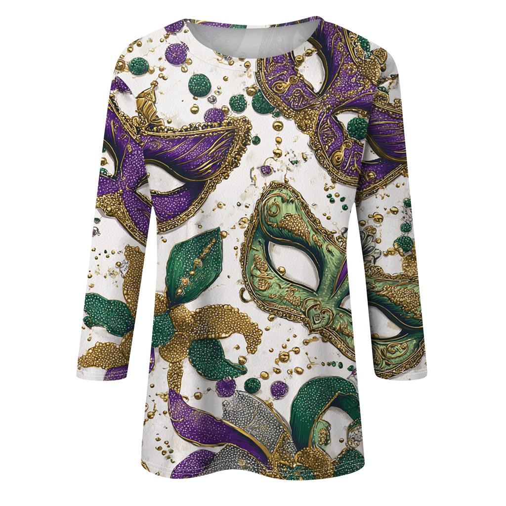 Women's Fashion Casual Round Neck Three-quarter Sleeve Carnival Print T-shirt Top