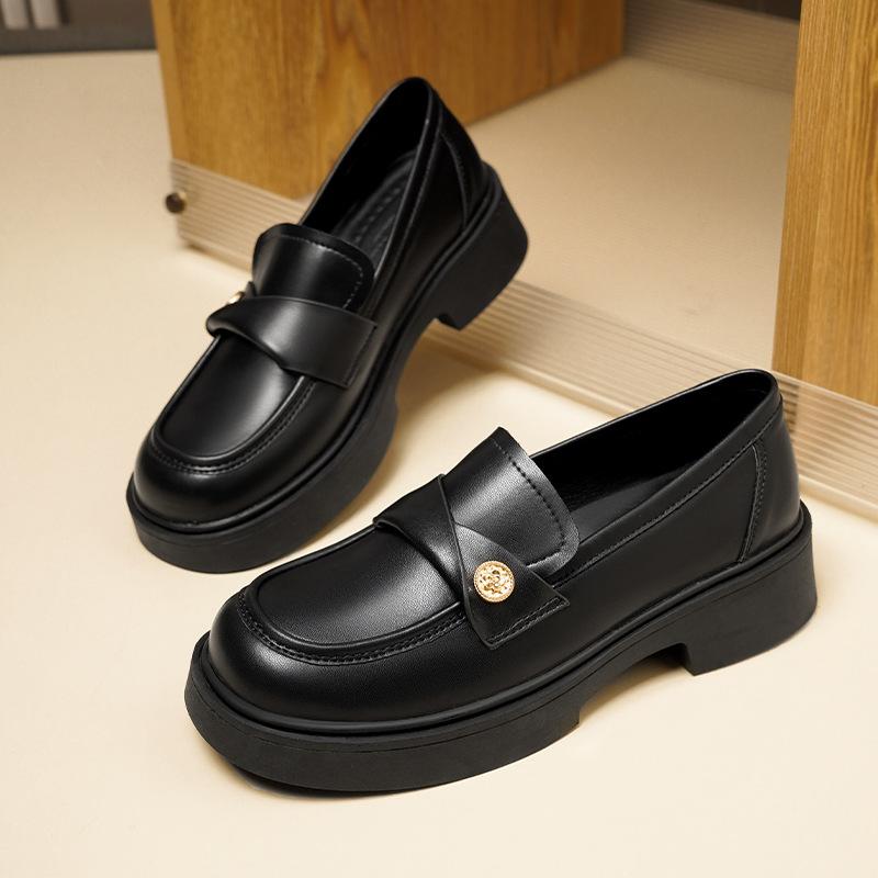 Мягкая кожа золотые монеты женский стиль толстые каблуки туфли-лодочки толстая подошва и маленькие кожаные туфли 34 чёрный 2899₽