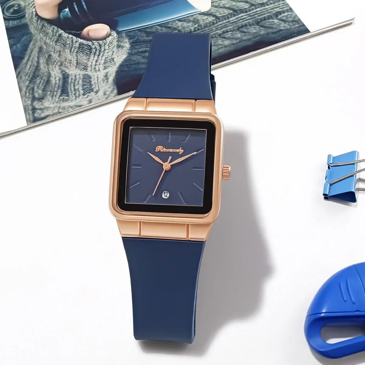 

Модные женские простые квадратные кварцевые часы с календарем, повседневные силиконовые наручные часы для женщин темно-синий