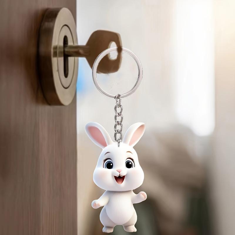 Charming Double-Sided White Rabbit Acrylic Flat 2D Keychain - Perfect for Car Keys and Backpack Decorative Pendant Gifts