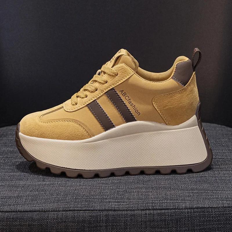 Fashion Top quality 8cm Genuine Leather Platform Wedge Women Spring Autumn Chunky Sneakers Shoes Breathable Comfortable Vulcanize boots