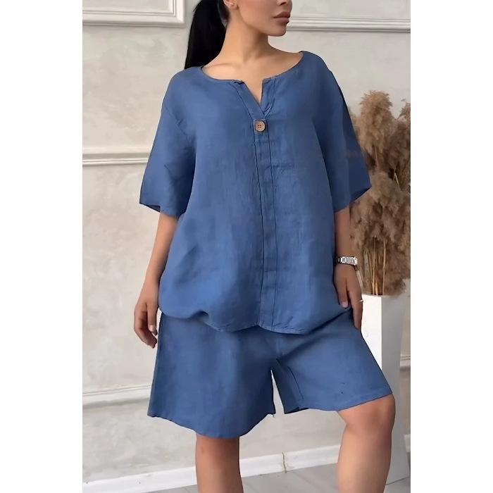 2025 Stylish Women's Solid Color Two-Piece Set: Loose Top & High Waist Shorts