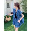 Fashion Slim Fit Embroidered Denim Vest Shorts Set Women Summer European Style Two Piece Outfit