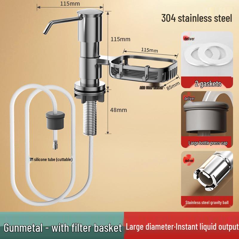 Space Aluminum Quick-Install Soap Dispenser with Extension Rod for Sink or Vegetable Washing Basin.