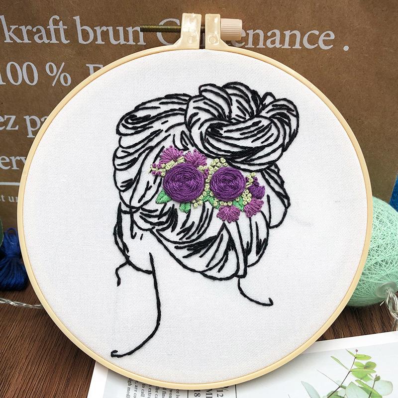 1pc Women's Hair and Flower Pattern Embroidery DIY Fabric Craft Kit Creative Craft Sewing