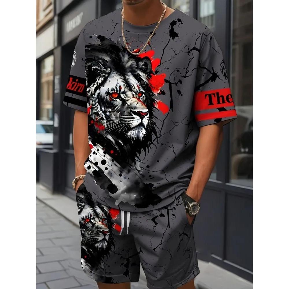 Summer Casual Holiday 2-piece Set Men s Animal 3D Printed Fashionable Comfortable Oversized Breathable Sports Wear S