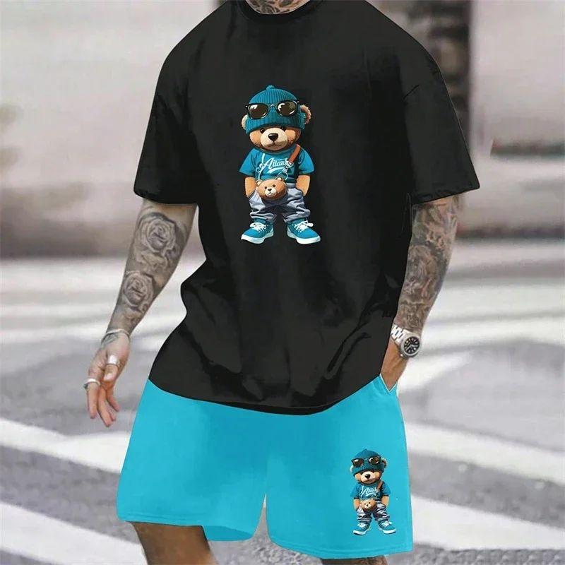 Men's Fashion 3D Teddy Bear Printed T-shirt Shorts 2-piece Set