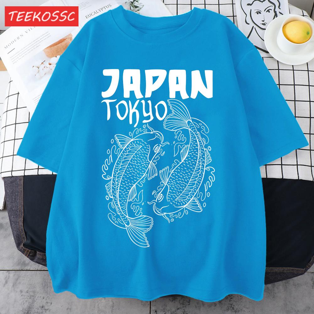 Japan Tokyo Harajuku Koi Print T Shirts Men Summer Cotton TShirt Hip Hop Loose Streetwear Unisex AllMatch Casual Clothing