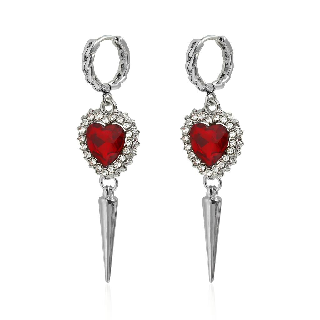 Punk Silvery Asymmetric Creativity Fashion Red Zircon Heart Hoop Earrings Party Birthday Lover Jewelry Accessories Party Gifts