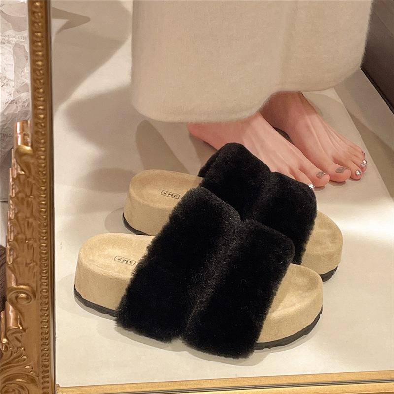 Thick-soled Fluffy Slippers for Women's Outer Wear 2025 New Autumn and Winter Plush Thermal Cotton Slippers Plush One-word Slippers