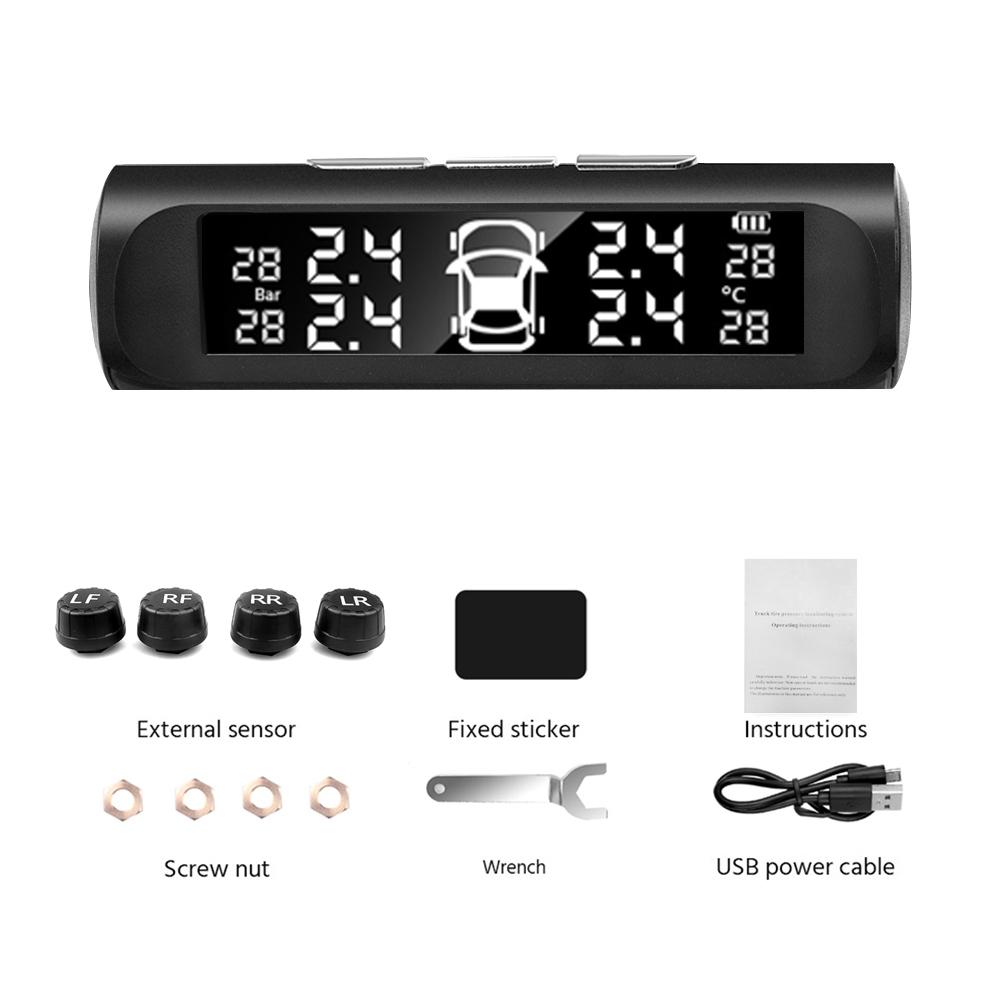 Solar Power TPMS Car Tire Pressure Alarm Monitor System Auto Security Alarm Systems Tyre Pressure Temperature Warning 4 Sensors