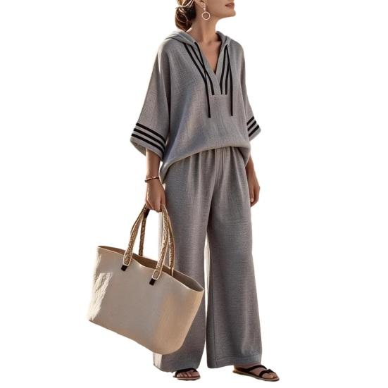 Damer Sommar Bomull Linne 2-delade Outfits Casual 3/4 Ärm Pullover Topp Och Vida Byxor Set Löst Huva Loungeset