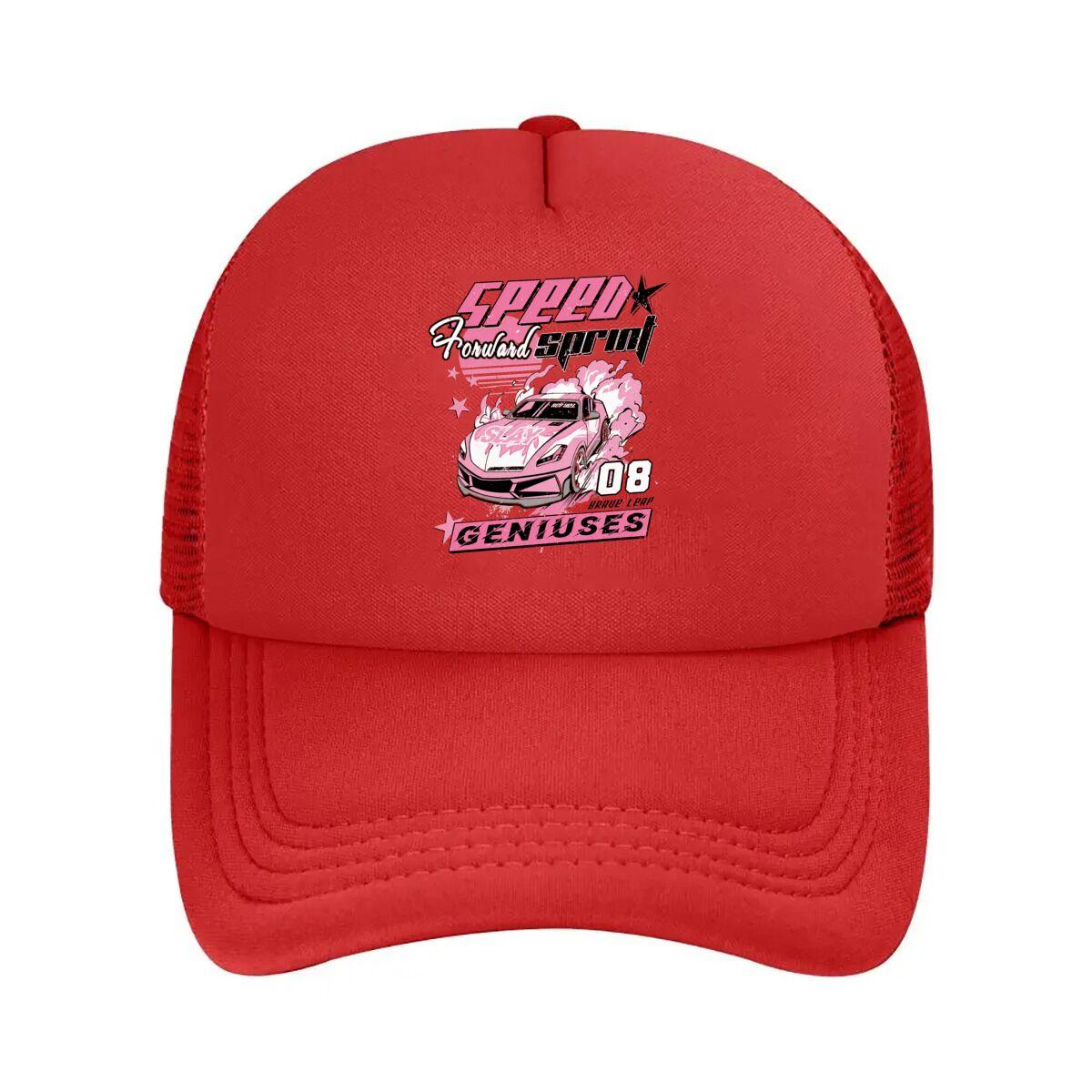 Pink Retro Racing Car Graphic Mesh Baseball Cap Hip Hop Adjustable