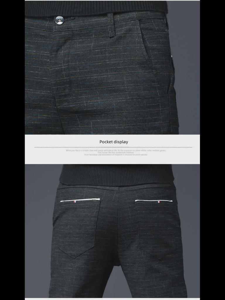 Heren Slim-Fit Zwart Ruit Katoen-Linnen Herfst Casual Wafel Broek