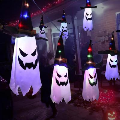 Hängender Geist Halloween Deko Grimassen-Druck Geisthut Dekoration Gruselig Halloween Leuchtender Hängender Geist für Hof für Baum