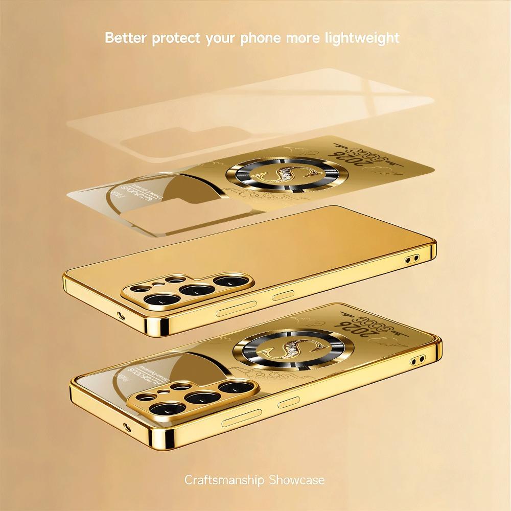 Circular Letter S Pattern Gold Glass Phone Case Suitable for Samsung Galaxy S26 S25 S24 S22 S21 S20 FE Ultra Plus Shockproof