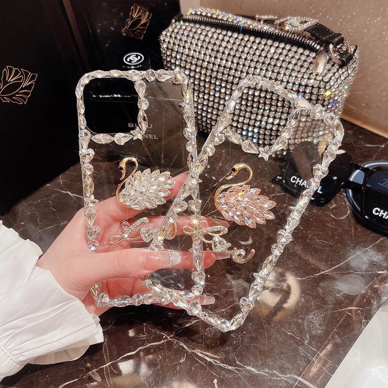 For Apple 16 Mobile Phone Case for IPhone15 Rhinestone 14 Swan Xsmax Letters XR Transparent Acrylic Ins