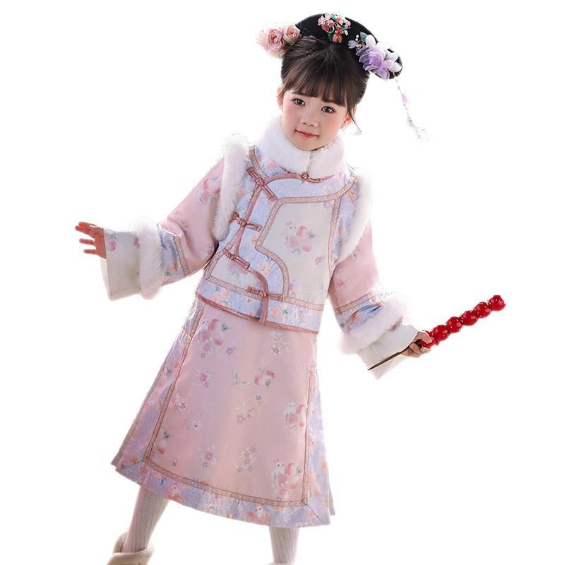 Pink Qing Dynasty Gege Costume for Girls: Autumn/Winter Thickened Baby Hanfu, Chinese Style Tang Suit, Manchu Ethnic Clothing.