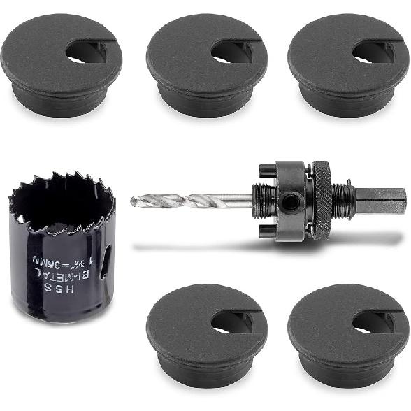 1-3/8 Inch Desk Hole Grommet Desk Cord Grommet with Bi-Metal Hole Saw Drill Bits, Cable Hole Cover Plastic Wire Grommets Desk Grommet Kit Wire