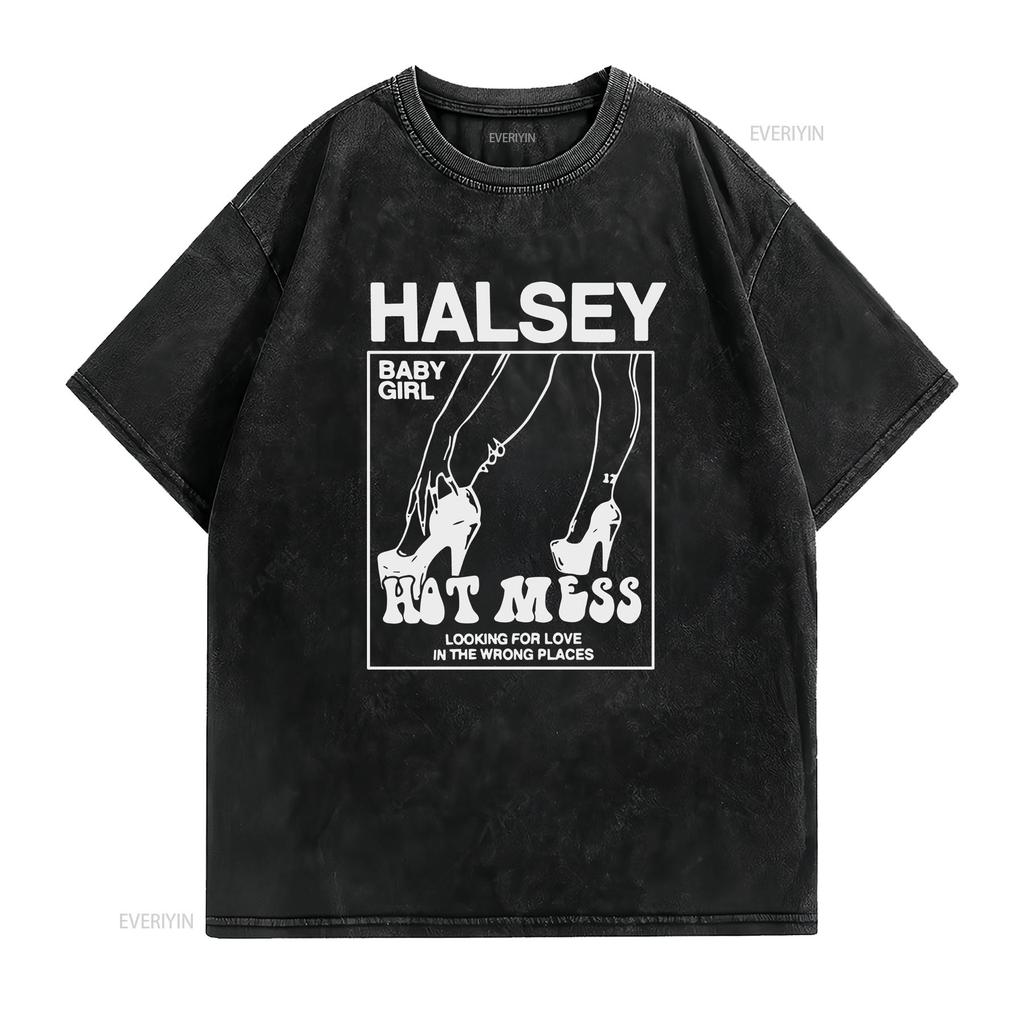 Halsey Hot Mess T Shirt  Sizes Met 183 Vintage Washed Homme Soft Comfortable Top For Everyday Wear Graphic Fashion Streetwear