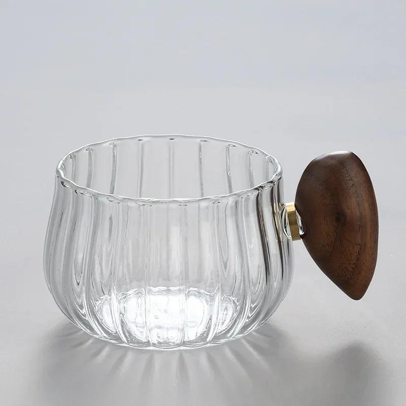 250ml High Borosilicate Glass Coffee Cup Pumpkin Shape Striped Heat-resistant Wooden Handle Latte Cup Breakfast Milk Tea Cup